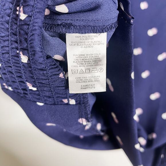 Ann Taylor Large L Blue Polka Dot Flutter Sleeve V Neck Blouse Top Cinch Hem - Picture 7 of 8